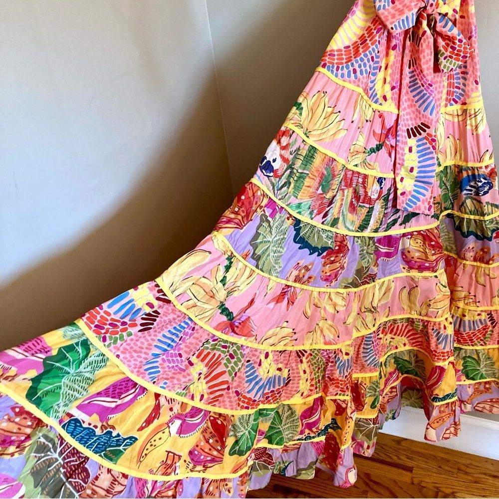 NEW FARM Rio Mixed Pink Prints Maxi Dress Fruit Tiered Crossback Belt Size L - Picture 11 of 16